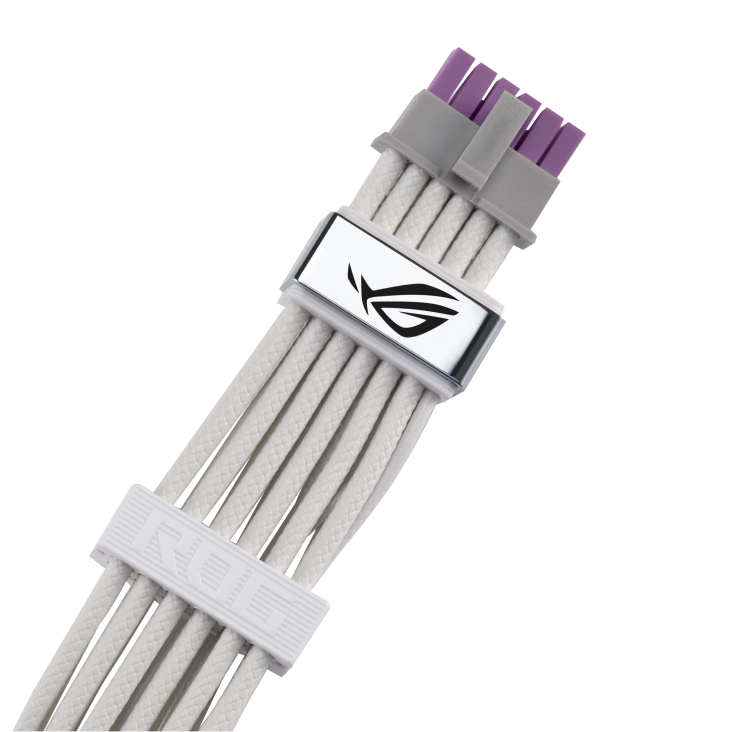 ROG Equalizer White Edition, close-up of a white etched cable, showing purple connector and a prominent silver module with the ROG eye logo, which is the main functional source for current equalization and temperature reduction, and a white ROG-branded cable comb.