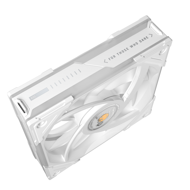 ROG Eurux GR120 ARGB Fan reverse blade White top down angle view with ROG pattern and lighting area