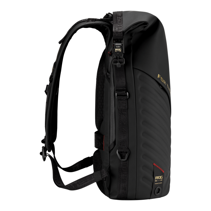 Black roll-top backpack with ROG logo