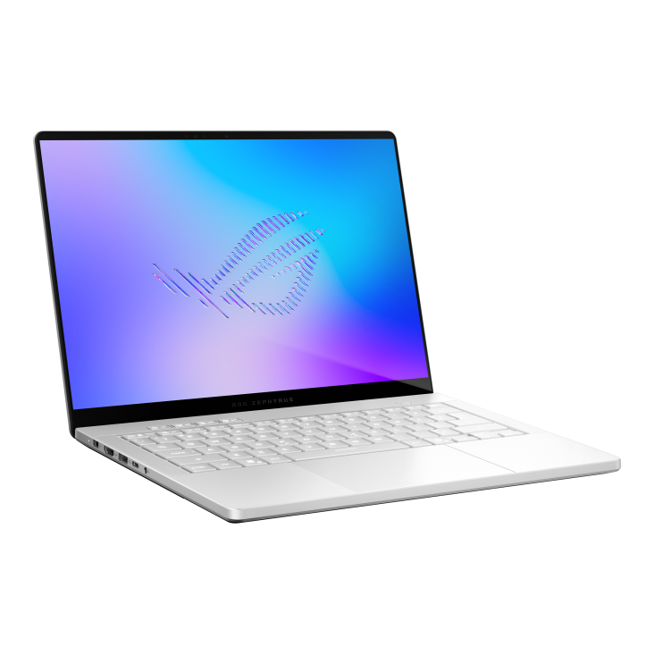 12_2026 Zephyrus G14 Off center shot of the front of the Zephyrus G14, with the ROG Fearless Eye logo on screen