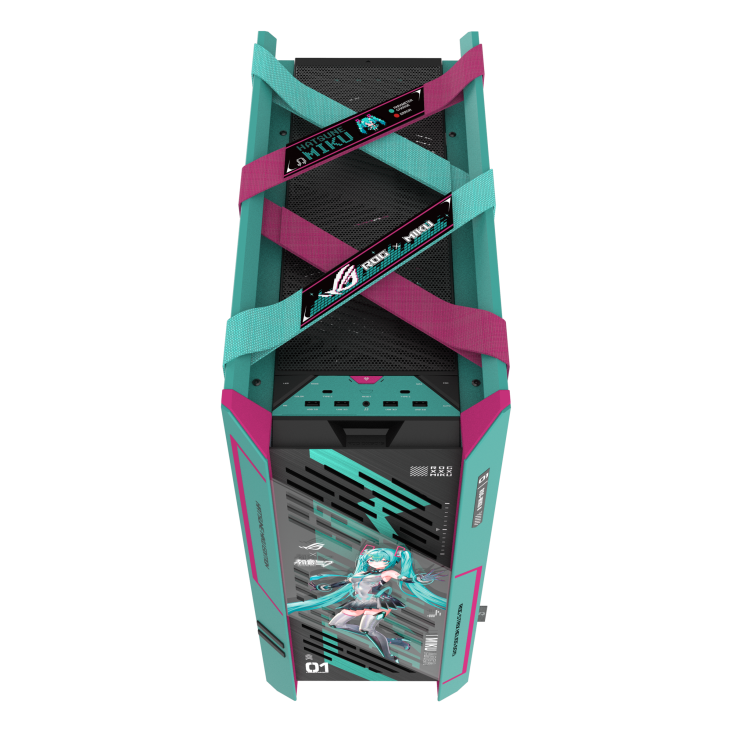 ROG Strix Helios II Hatsune Miku Edition top-down view showing the X-shaped woven straps