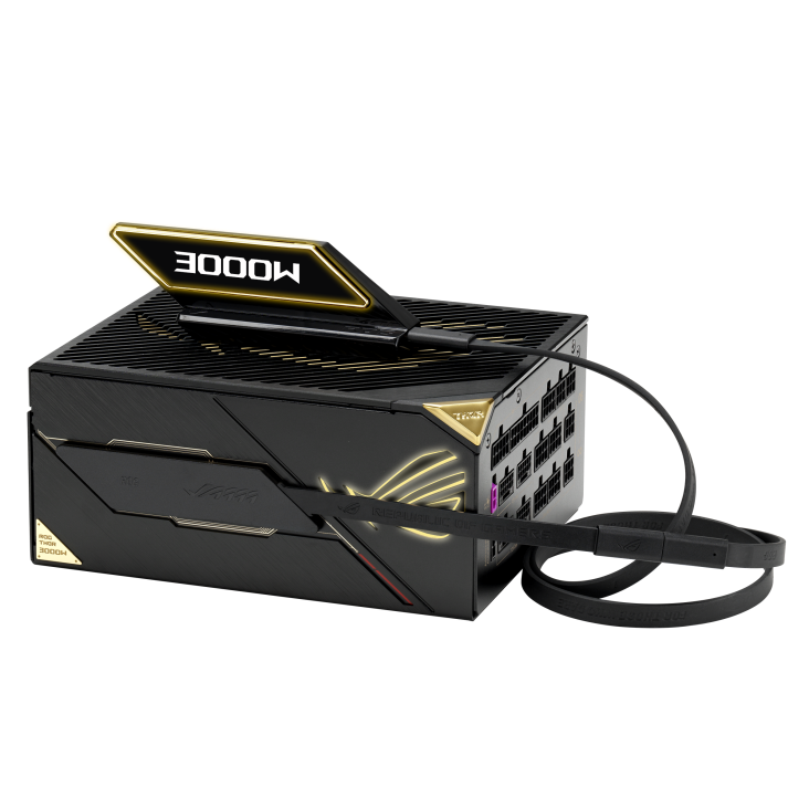 ROG Thor 3000W Titanium III Edition 20 top-down angle with OLED extender and display showing 3000W