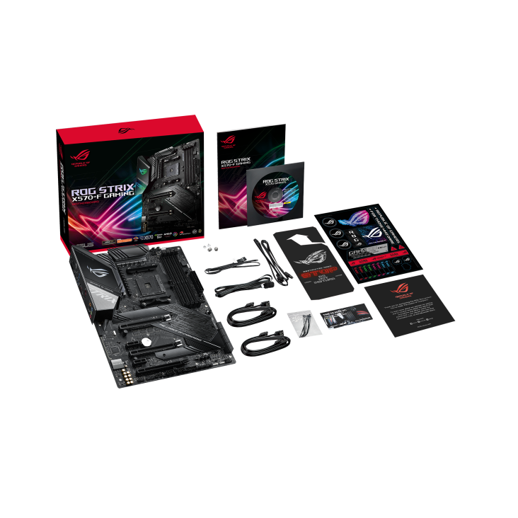 ROG Strix X570-F Gaming top view with what’s inside the box