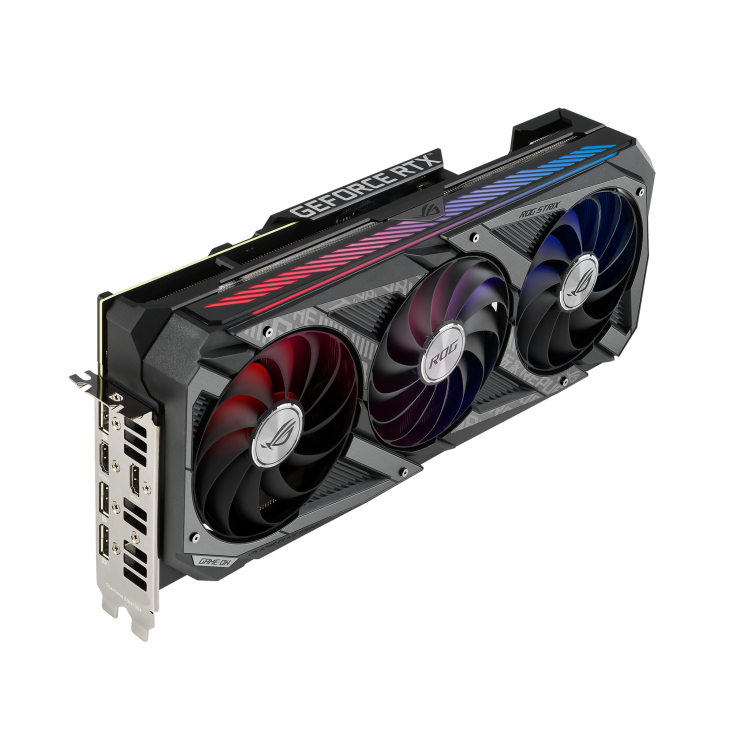 ROG-STRIX-RTX3070-O8G-GAMING graphics card, angled top down view, highlighting the fans, ARGB element, and I/O ports