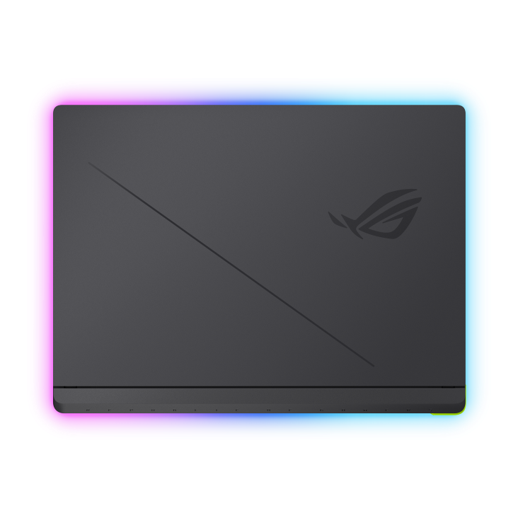 ROG Strix G18 (2026) side, featuring a sleek design, vibrant blue underglow, and comprehensive connectivity ports.
