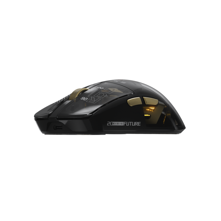 an angled side view shot from a lower angle, showing the side buttons of the ROG Harpe II Extreme Edition 20 gaming mouse