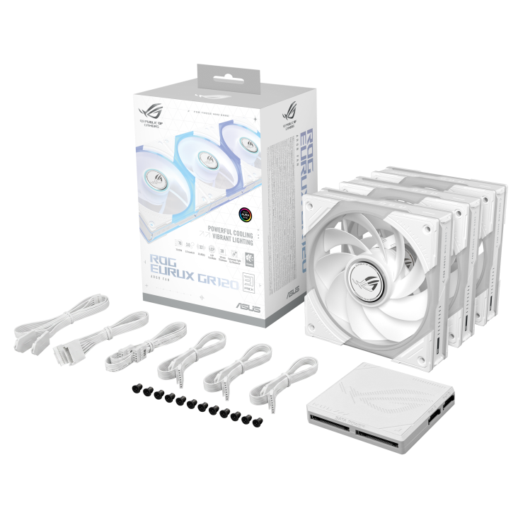 ROG Eurux GR120 ARGB Reverse Fan white triple pack color box, with accessories and hub
