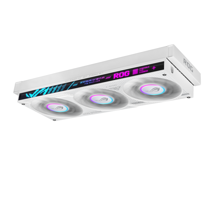 ROG Strix LC IV 360 ARGB LCD White Edition – top-down angled close-up of the radiator edge with three fans spinning