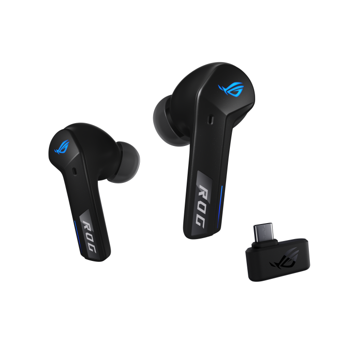 ROG Cetra True Wireless SpeedNova – front view of earbuds with 2.4GHz dongle in black edition​