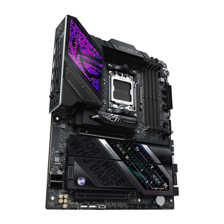 ROG STRIX X870E-E GAMING WIFI7 NEO front view, 60 degrees, viewed from the bottom left looking upward