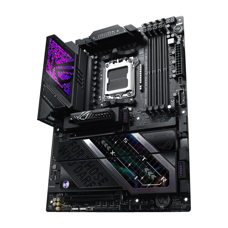 ROG STRIX X870E-E GAMING WIFI7 NEO front view, 60 degrees, viewed from the bottom right looking upward
