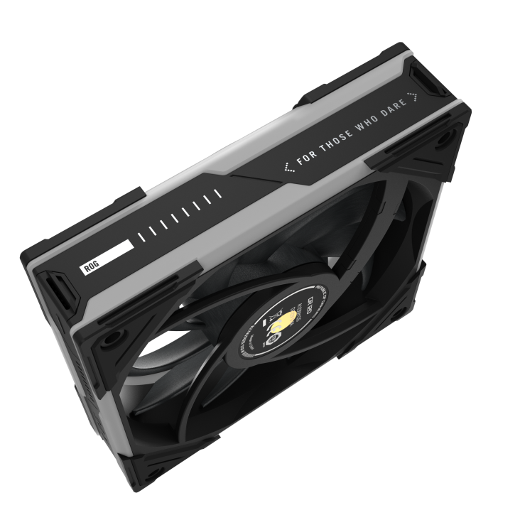 ROG Eurux GR120 ARGB Fan reverse blade Black top down angle view with ROG pattern and lighting area