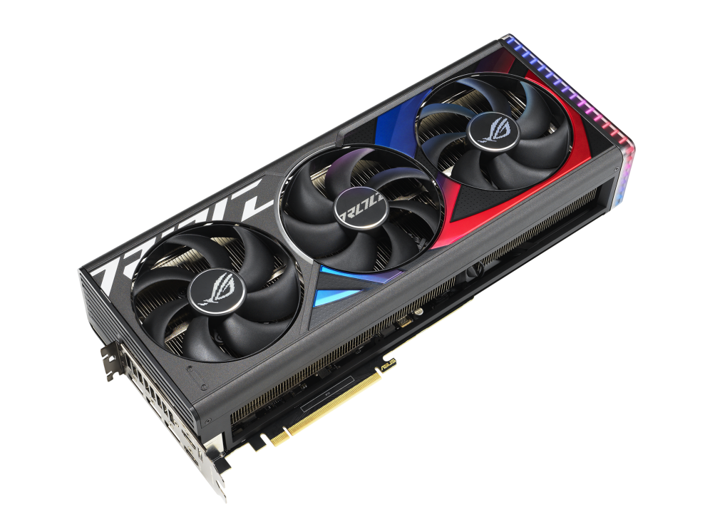 Front angled view of the ROG Strix GeForce RTX4090 graphics card