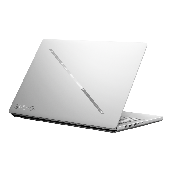 14_2026 Zephyrus G14 Off center view of the rear of the Zephyrus G14, with emphasis on the Slash Lighting