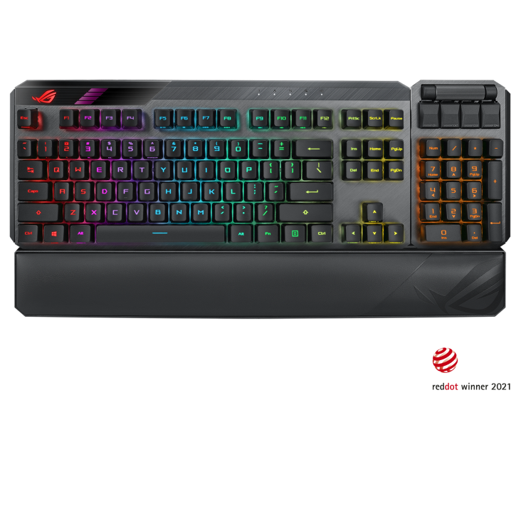 ROG Claymore II front view with wrist rest and if design award and red dot winner logos