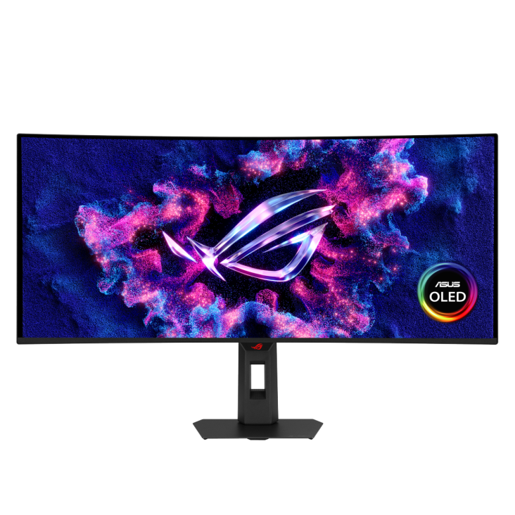 XG34WCDMS front view with OLED logo