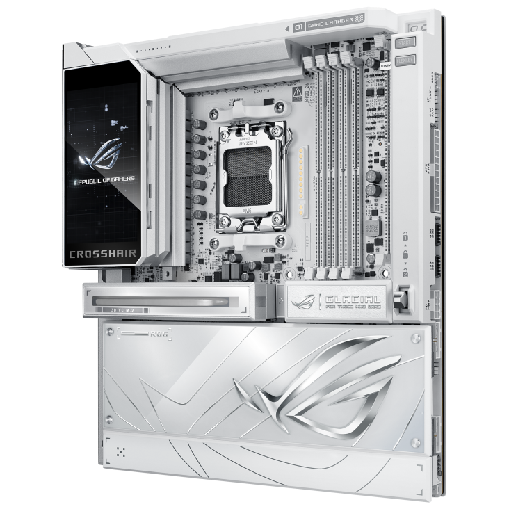 ROG Crosshair X870E Glacial front view, 45 degrees