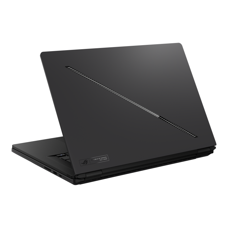 28_ROG Zephyrus DUO 16 (2026) Off center view of the rear of the ROG Zephyrus DUO 16 (2026), with emphasis on the Slash Lighting