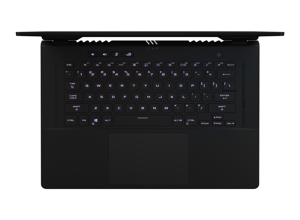 Top down view of a Zephyrus M16 with the lid raised to a 90 degree angle, and keyboard illuminated.