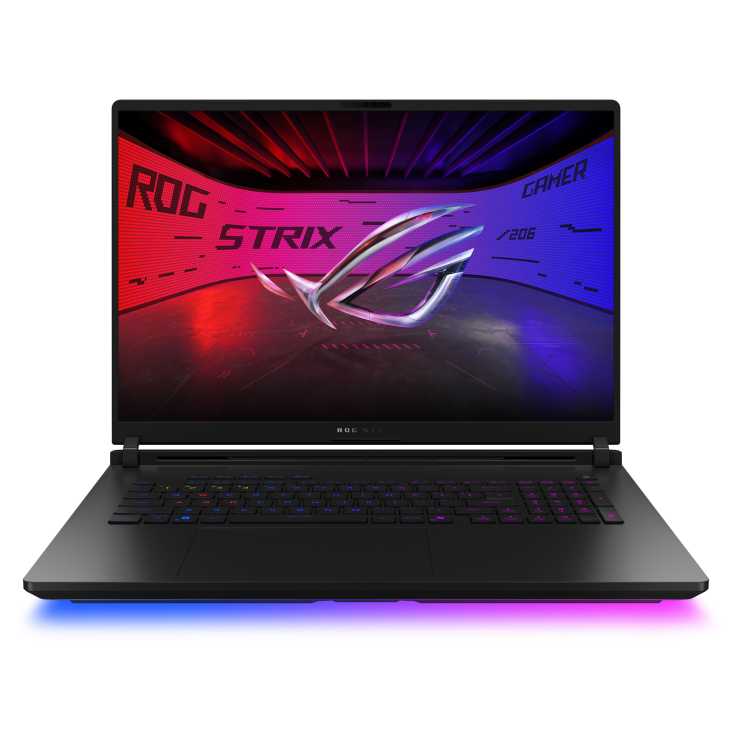 ROG Strix SCAR 18 (2026) - Sleek, high-performance gaming laptop with vibrant RGB lighting, shown from front view.
