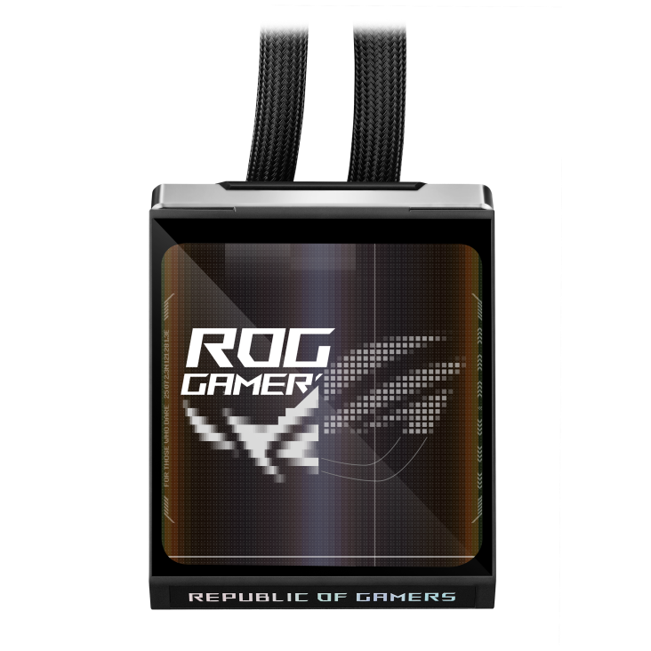 ROG Strix SLC IV 360 ARGB LCD – front-on view of the pump and LCD block only, screen dark with a faint wallpaper graphic, no radiator visible