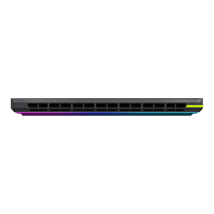 ROG Strix G18 (2026) right corner showcases the brilliant purple underglow, enhancing its aggressive, premium gaming aesthetic.