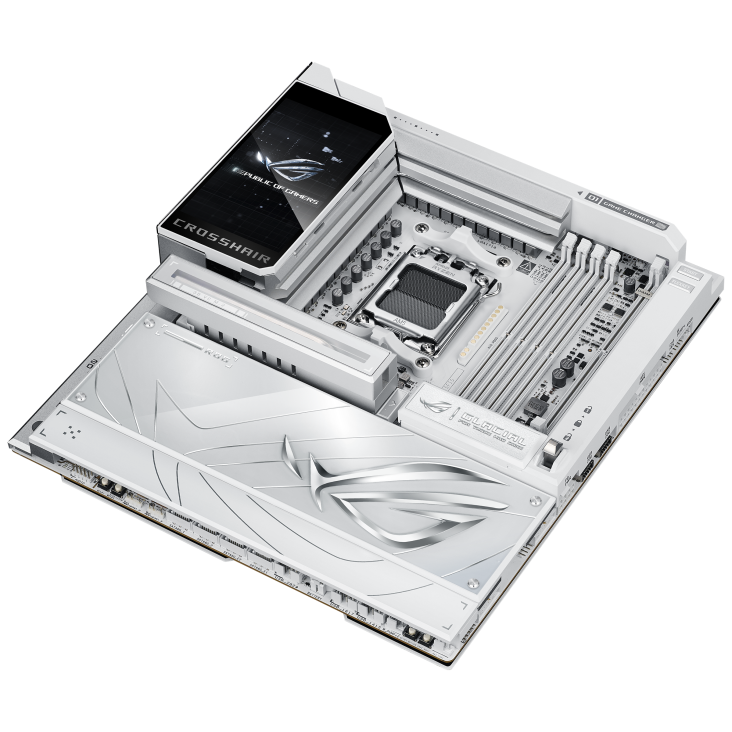 ROG Crosshair X870E Glacial top-down view, 45 degrees