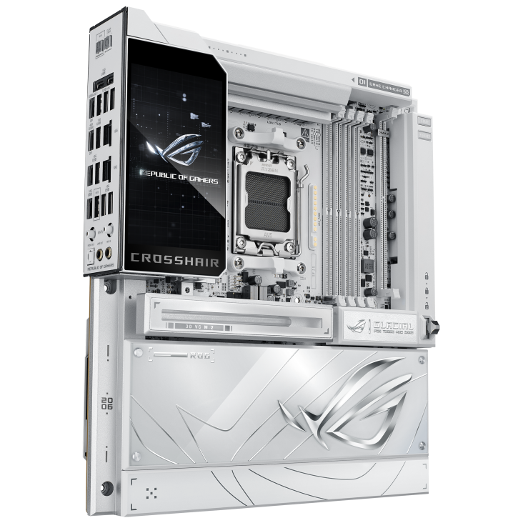 ROG Crosshair X870E Glacial front view, 45 degrees