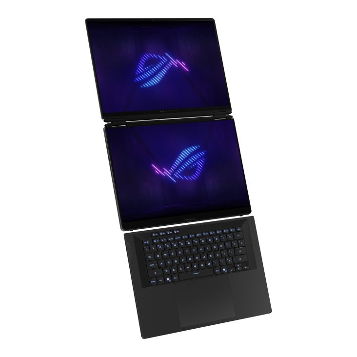 08_Top right side vieww of ROG Zephyrus DUO 16 (2026) dual-screen gaming laptop with illuminated ROG logo