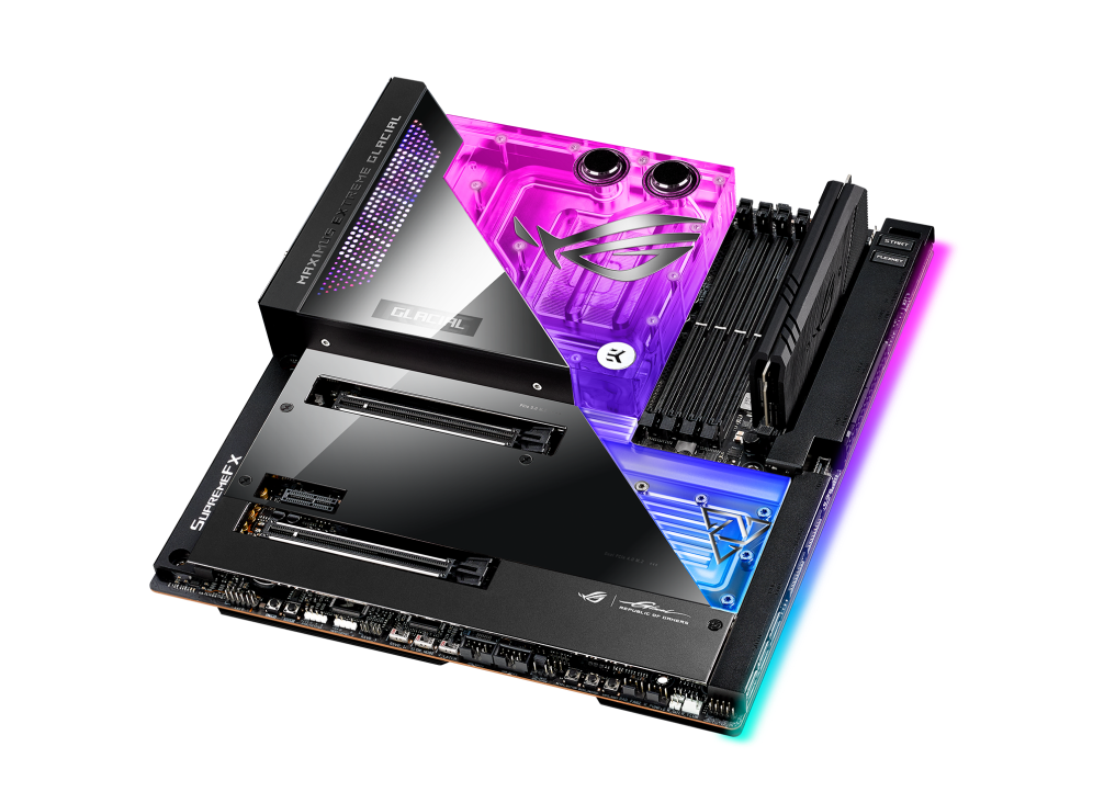 ROG MAXIMUS Z690 EXTREME GLACIAL top and angled view from right