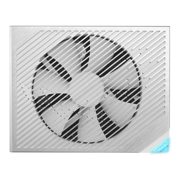 ROG Thor 1200W Platinum III White Edition with ROG Equalizer top side focuses on fan