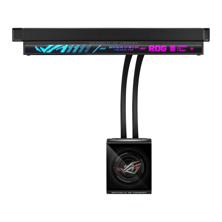 ROG Strix SLC IV 360 ARGB LCD – diagonal floating view of the full unit with scrolling ticker text readable across the radiator's top edge