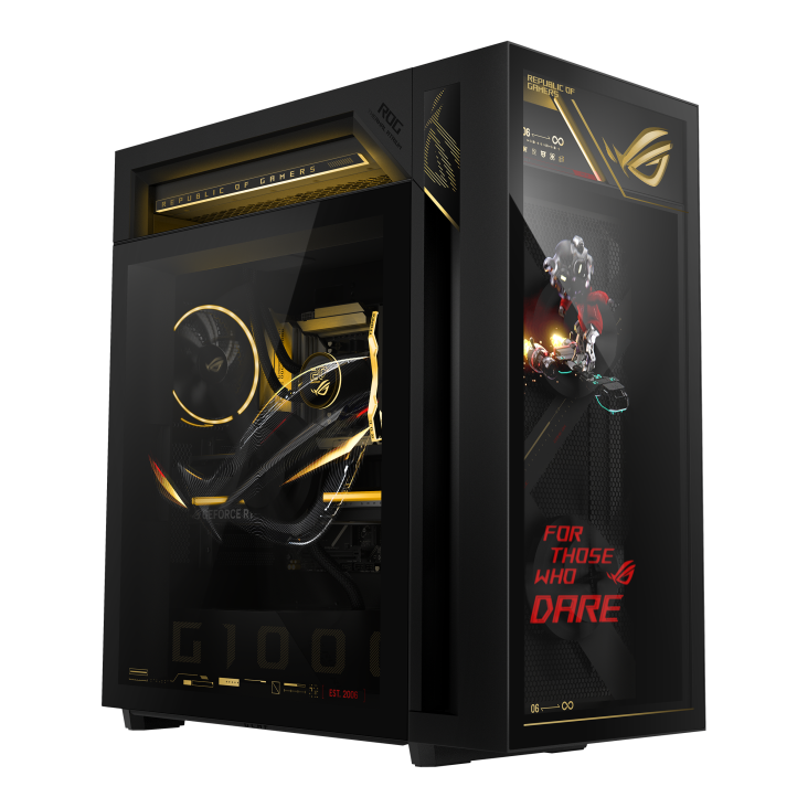 ROG G1000 (2026) GM1000 edition 20 A hovering ROG logo is projected from the fan, with a joystick on the left glass