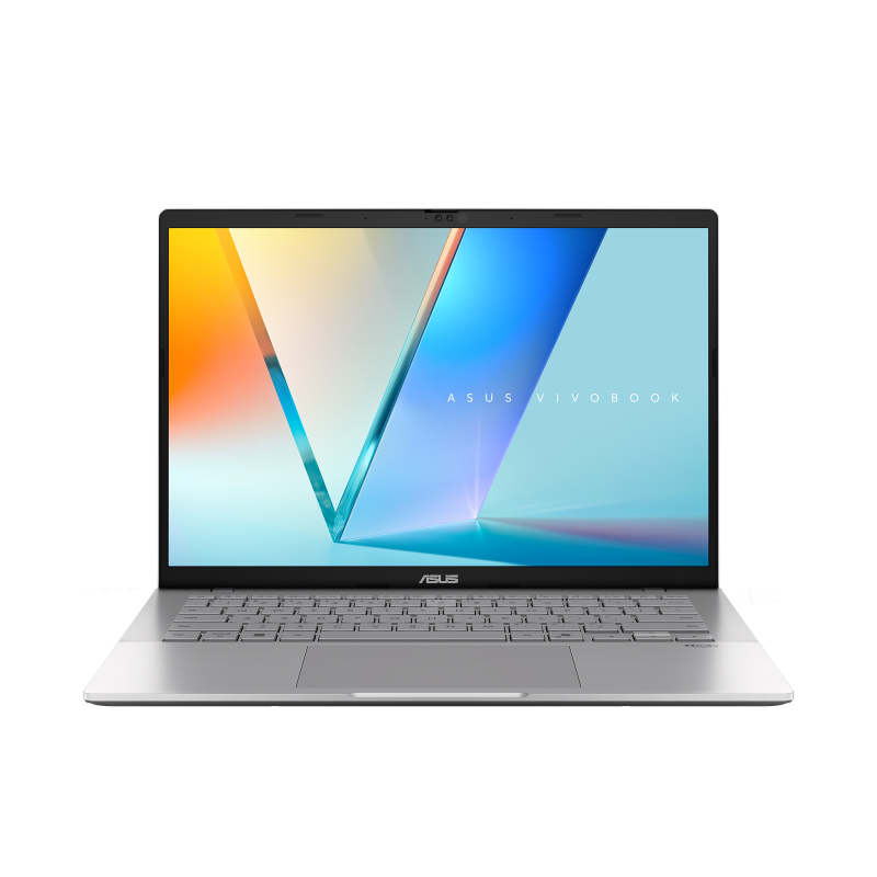 ASUS Vivobook S14 opened at 90-degree from the front view with JS wallpap