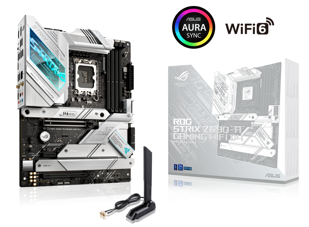 ROG STRIX Z690-A GAMING WIFI D4 angled view from left with the box and Aura Sync