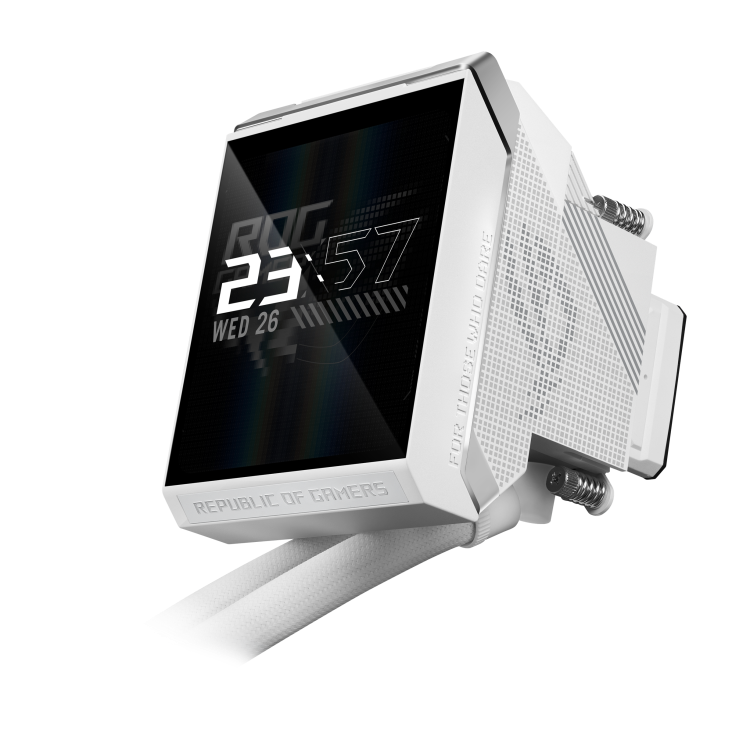 ROG Strix LC IV 360 ARGB LCD White Edition – front-on view of the radiator and fans with the LCD block showing a date and time display below