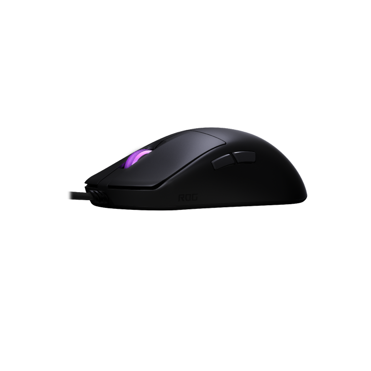 Side profile of the ROG Harpe Mini Core, highlighting its ergonomic right-handed design and ROG logo lighting.