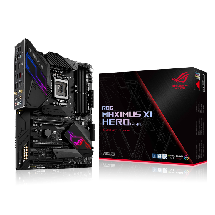 ROG MAXIMUS XI HERO (WI-FI) angled view from left with the box