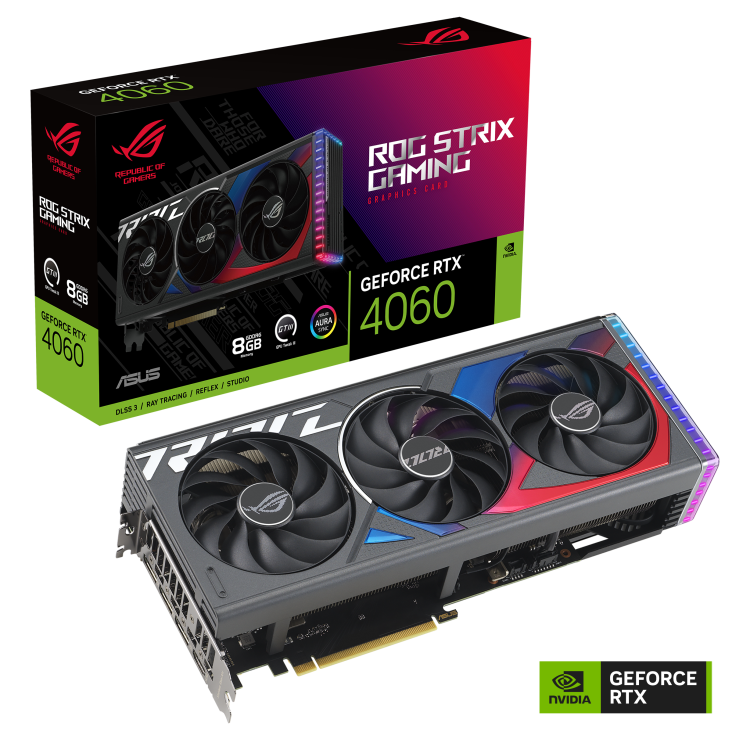 ROG STRIX GeForce RTX 4060 packaging and graphics card with NVidia logo
