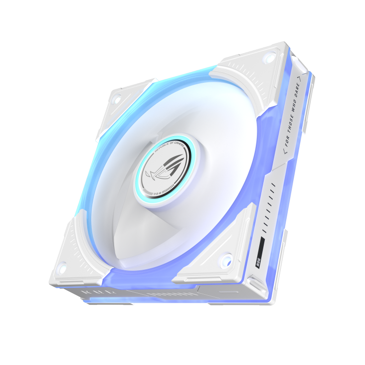 ROG Eurux GR120 ARGB Fan White tilted 60 degree angle with rotating fan blade and ARGB lighting