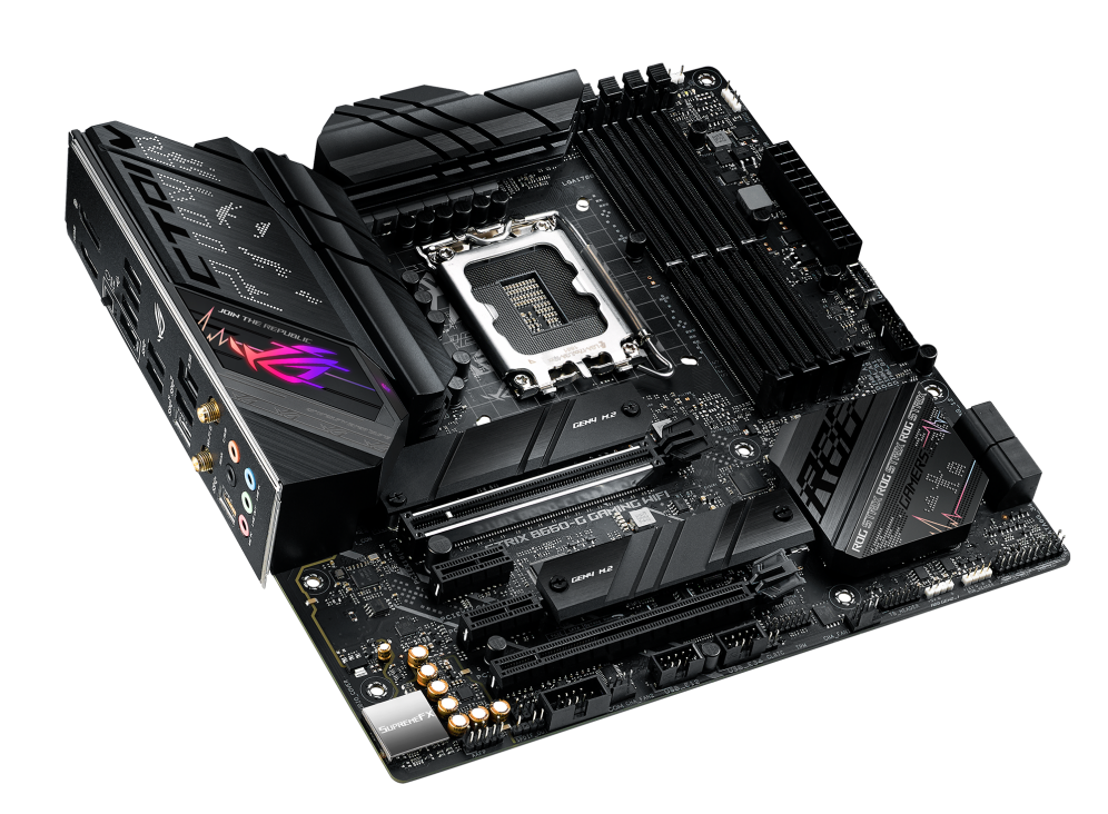 ROG STRIX B660-G GAMING WIFI top and angled view from left