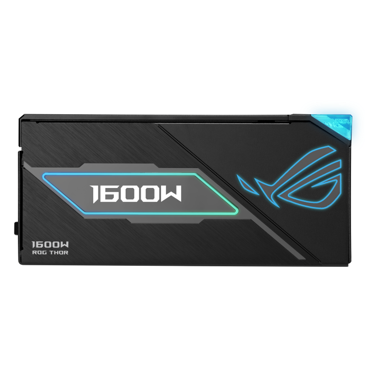 ROG Thor 1600W Titanium III EVO front side with magnetic OLED display showing 1600W