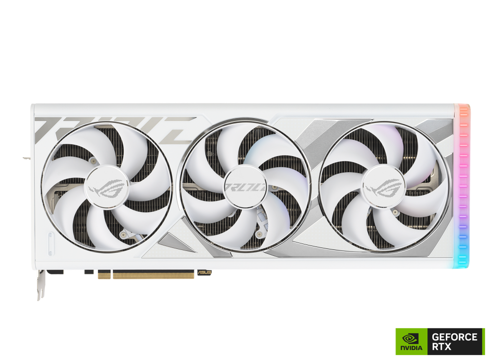 Front side of the ROG Strix GeForce RTX 4090 White edition graphics card with NV logo