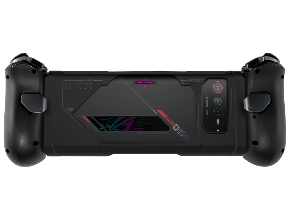 ROG Kunai 3 Gamepad with a ROG Phone 6 angled view from back in Handheld Mode