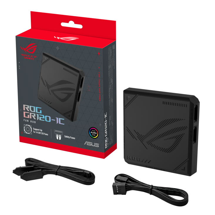 ROG GR120 ARGB PWM Fan hub black with color box and accessories