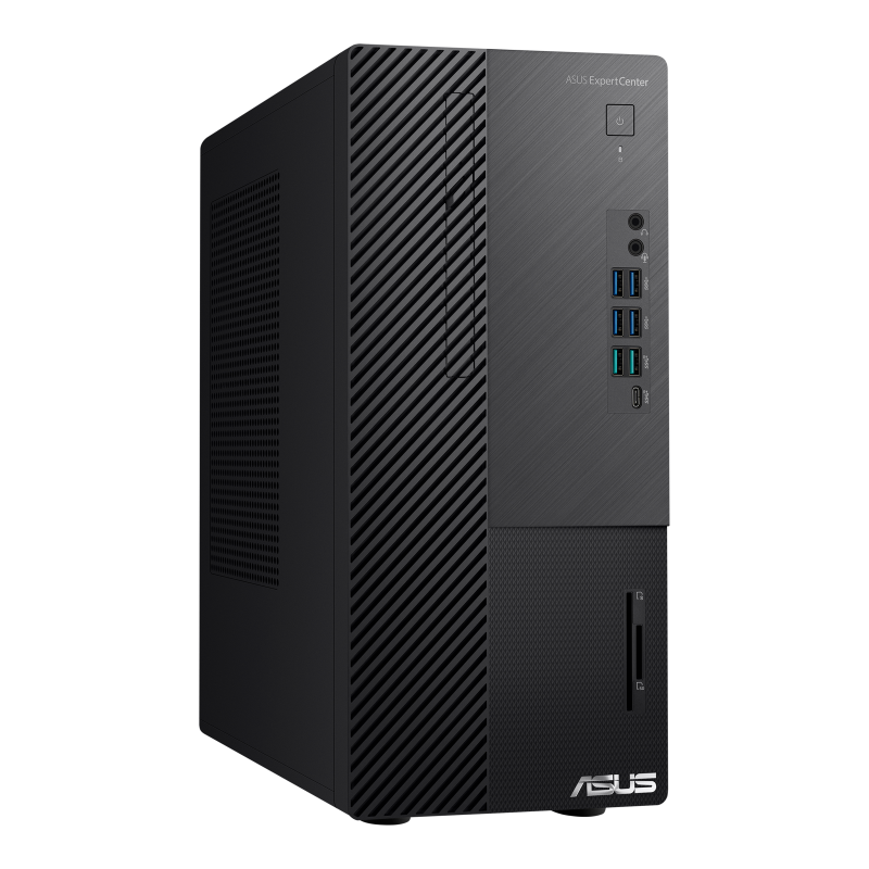 An angled front view of an ASUS ExpertCenter D9 Mini Tower.