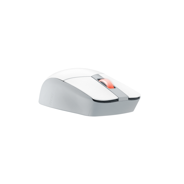 An angled frontal view of the ROG Strix Impact III Wireless in moonlight white