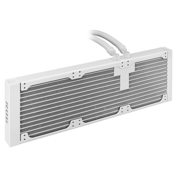 ROG Strix SLC IV 360 ARGB LCD White Edition – rear three-quarter view of the bare radiator only, fins and mounting holes visible, no fans or pump