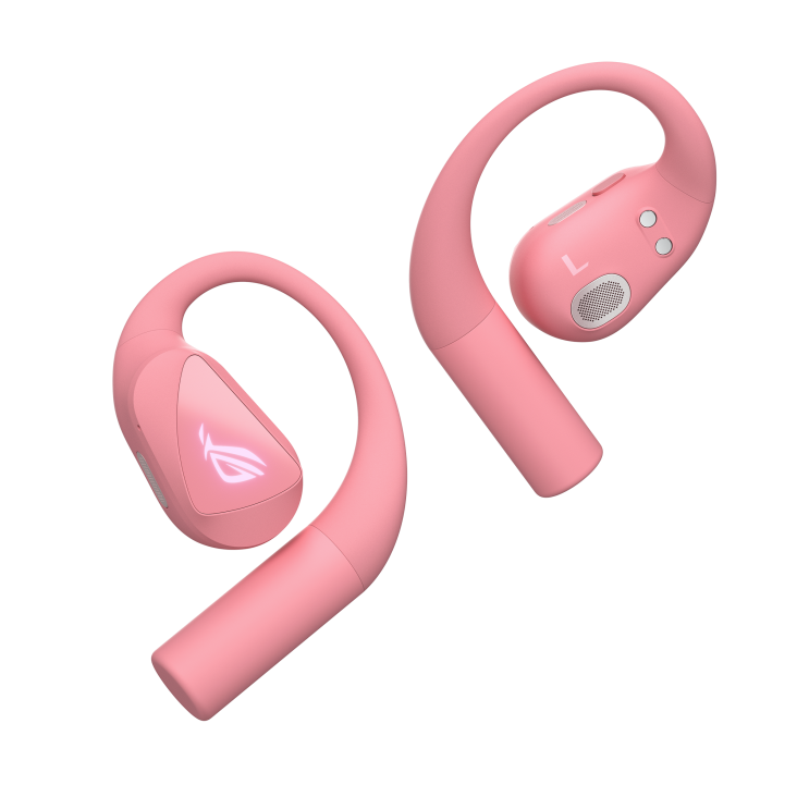 Angled view of ROG Cetra Open Wireless gaming earbuds in Dusk Pink.