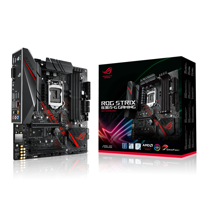 ROG STRIX B365-G GAMING angled view from left with the box